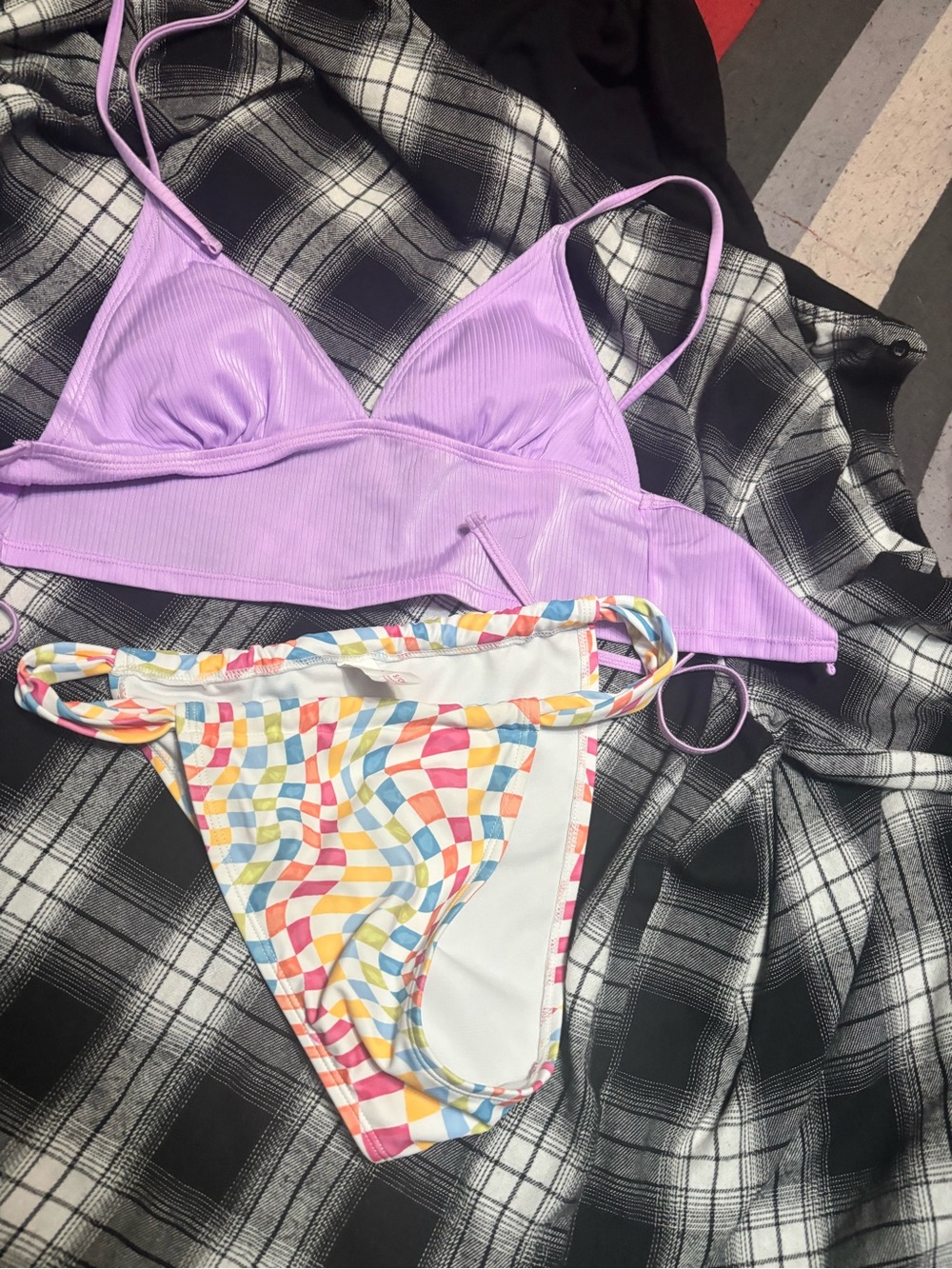 7 piece Lilac Ribbed Triangle Bikini Top with Multicolor Check Bikini Bottom